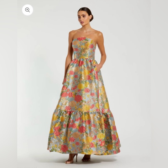 Mac Duggal Multicolor Strapless Floral Brocade Dress with Ruffles size 0 - Picture 2 of 7